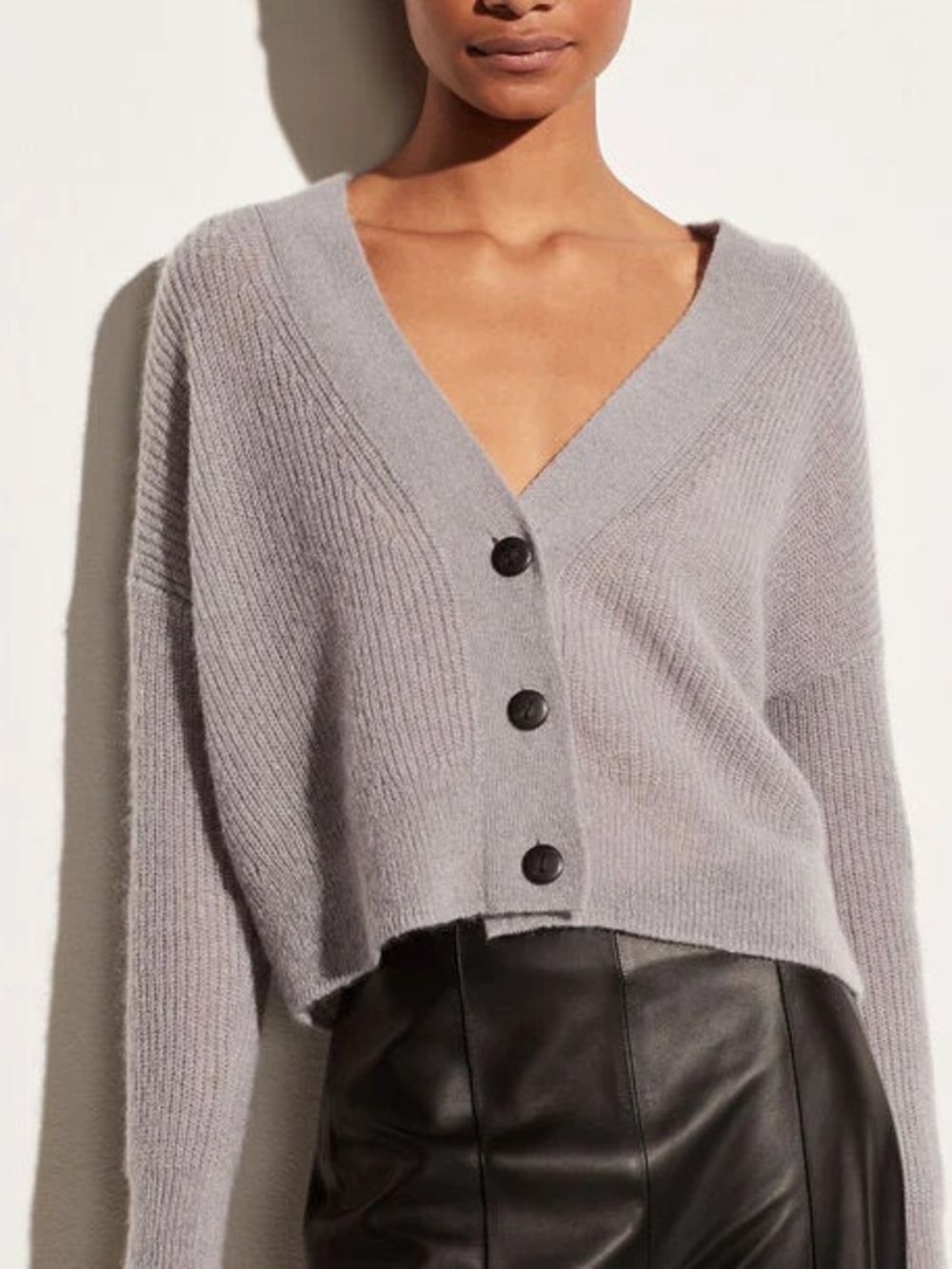 VINCE Featherweight Ribbed Cardigan - Stone Grey Mohair Wool Blend Sz M